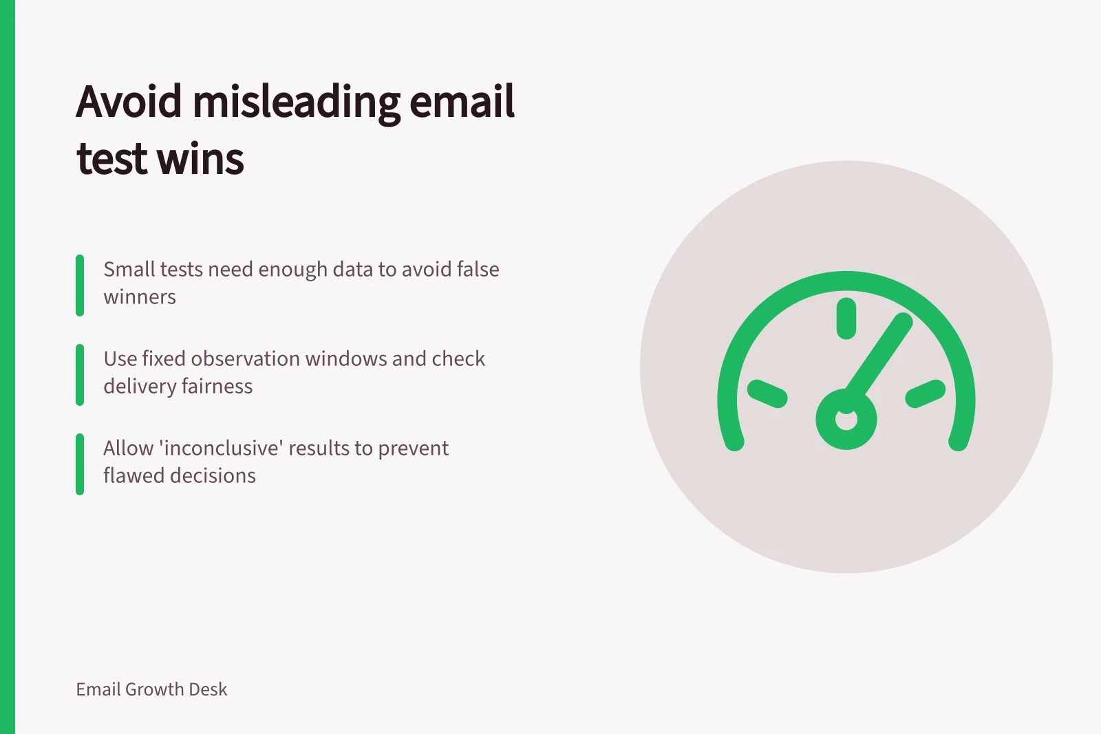 Avoid misleading email test wins: Small tests need enough data to avoid false winners; Use fixed observation windows and check delivery fairness; Allow 'inconclusive' results to prevent flawed decisions