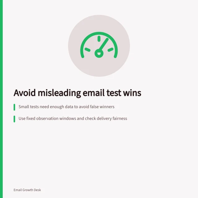 Avoid misleading email test wins: Small tests need enough data to avoid false winners; Use fixed observation windows and check delivery fairness; Allow 'inconclusive' results to prevent flawed decisions. Avoiding misleading winners in small email tests