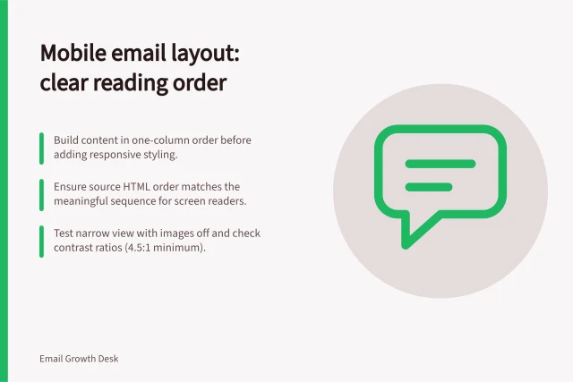 Mobile email layout: clear reading order: Build content in one-column order before adding responsive styling.; Ensure source HTML order matches the meaningful sequence for screen readers.; Test narrow view with images off and check contrast ratios (4.5:1 minimum). Building a mobile email layout with a clear reading order