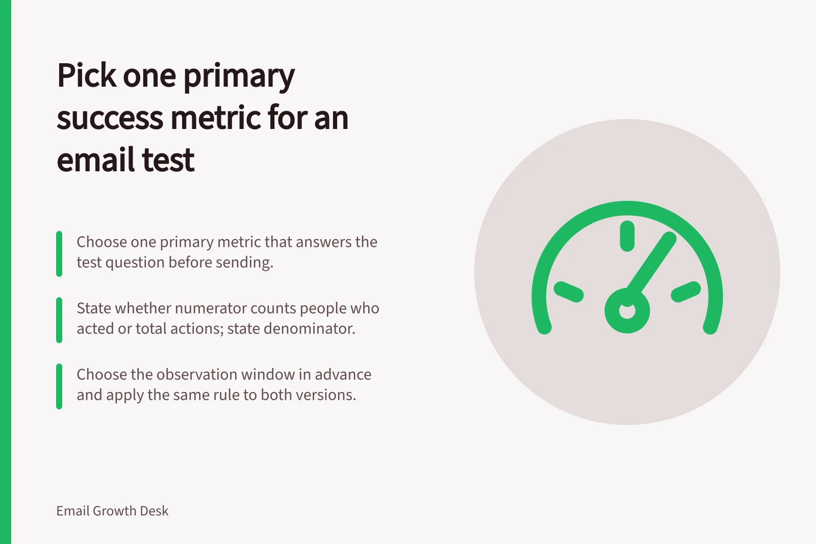 Pick one primary success metric for an email test: Choose one primary metric that answers the test question before sending.; State whether numerator counts people who acted or total actions; state denominator.; Choose the observation window in advance and apply the same rule to both versions.