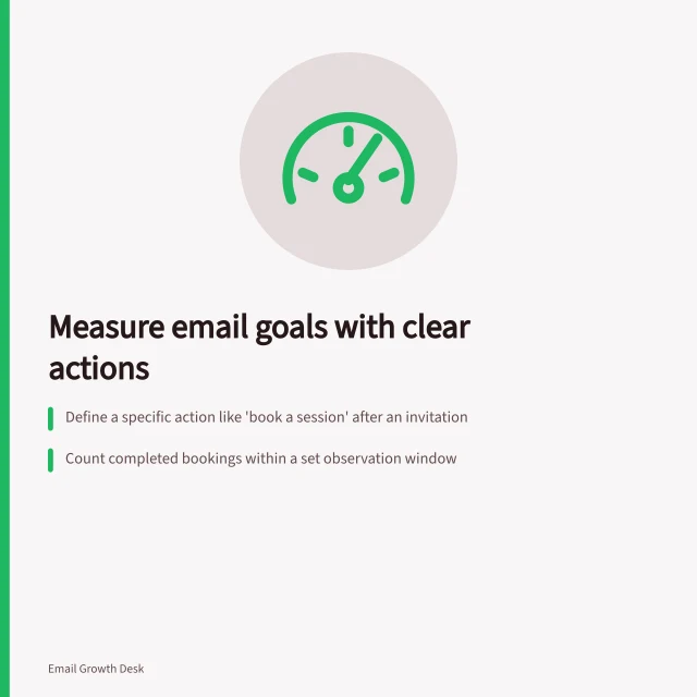 Measure email goals with clear actions: Define a specific action like 'book a session' after an invitation; Count completed bookings within a set observation window; Check tracking links and ensure data connects to real outcomes. Choosing an email programme goal that can be measured