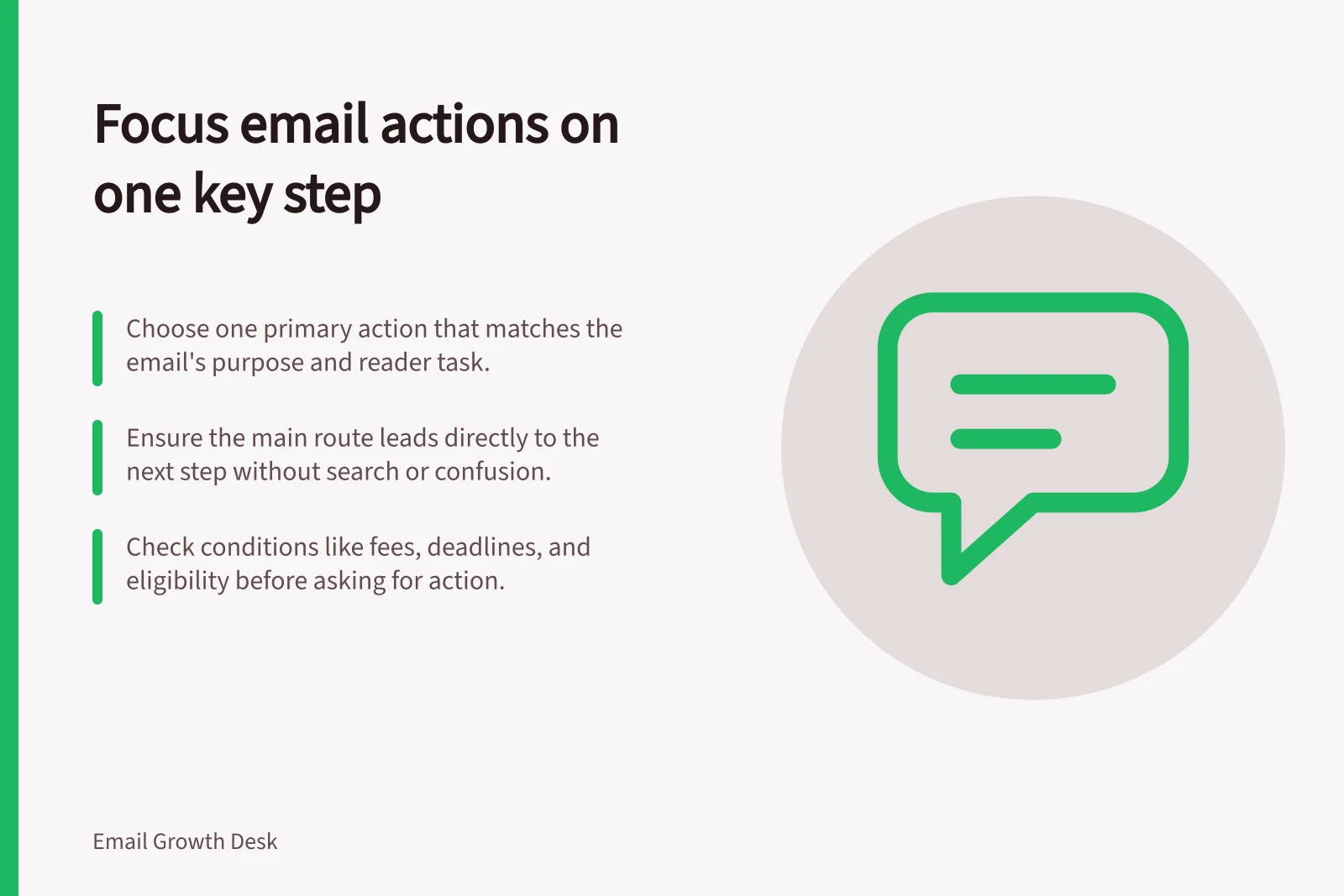 Focus email actions on one key step: Choose one primary action that matches the email's purpose and reader task.; Ensure the main route leads directly to the next step without search or confusion.; Check conditions like fees, deadlines, and eligibility before asking for action.