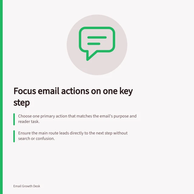 Focus email actions on one key step: Choose one primary action that matches the email's purpose and reader task.; Ensure the main route leads directly to the next step without search or confusion.; Check conditions like fees, deadlines, and eligibility before asking for action. Choosing one primary action for a campaign email