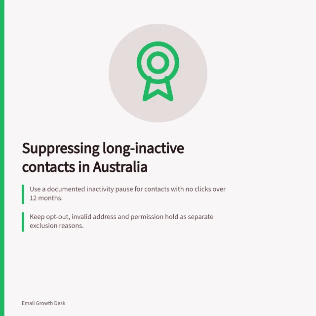 Suppressing long-inactive contacts in Australia: Use a documented inactivity pause for contacts with no clicks over 12 months.; Keep opt-out, invalid address and permission hold as separate exclusion reasons.; Mailchimp archives must be applied to each audience to maintain suppression. Choosing suppression rules for long-inactive contacts