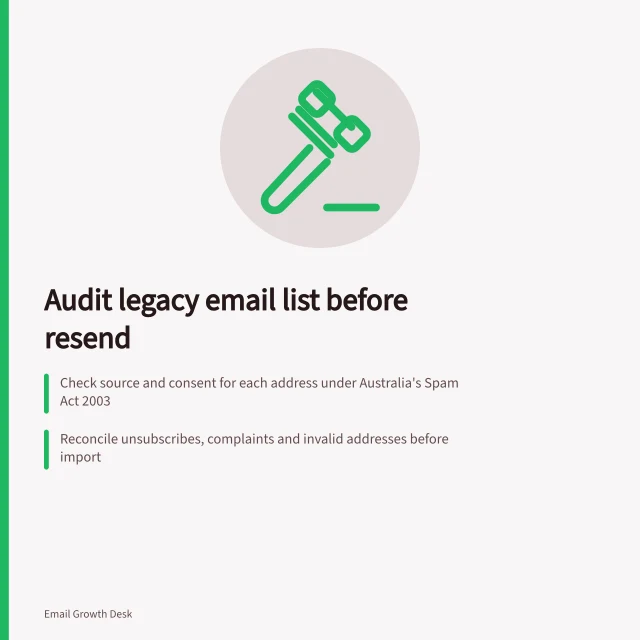 Audit legacy email list before resend: Check source and consent for each address under Australia's Spam Act 2003; Reconcile unsubscribes, complaints and invalid addresses before import; Use a copy of the list to track audit decisions and suppress non-compliant contacts. Cleaning a legacy list before sending again
