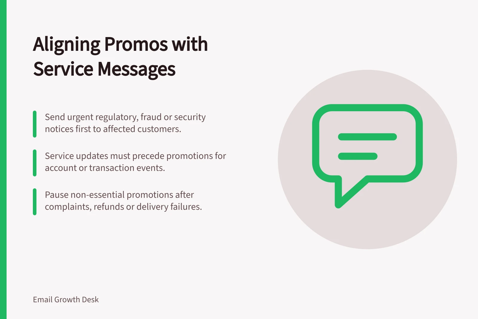 Aligning Promos with Service Messages: Send urgent regulatory, fraud or security notices first to affected customers.; Service updates must precede promotions for account or transaction events.; Pause non-essential promotions after complaints, refunds or delivery failures.