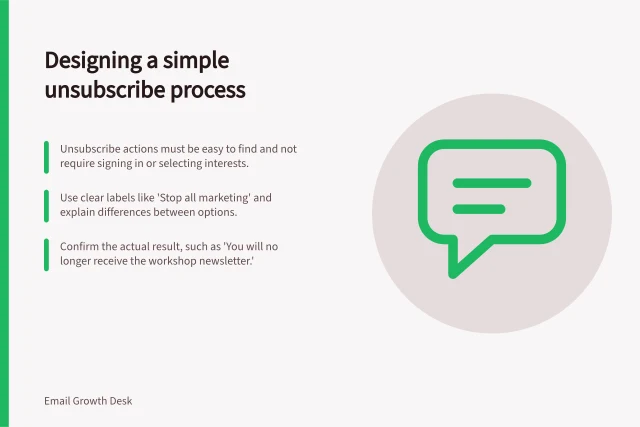 Designing a simple unsubscribe process: Unsubscribe actions must be easy to find and not require signing in or selecting interests.; Use clear labels like 'Stop all marketing' and explain differences between options.; Confirm the actual result, such as 'You will no longer receive the workshop newsletter.'. Designing a preference centre that is not a barrier to leaving