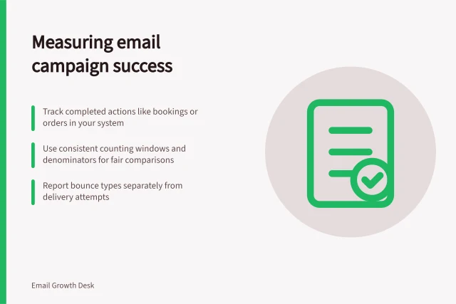 Measuring email campaign success: Track completed actions like bookings or orders in your system; Use consistent counting windows and denominators for fair comparisons; Report bounce types separately from delivery attempts. Email campaign measurement