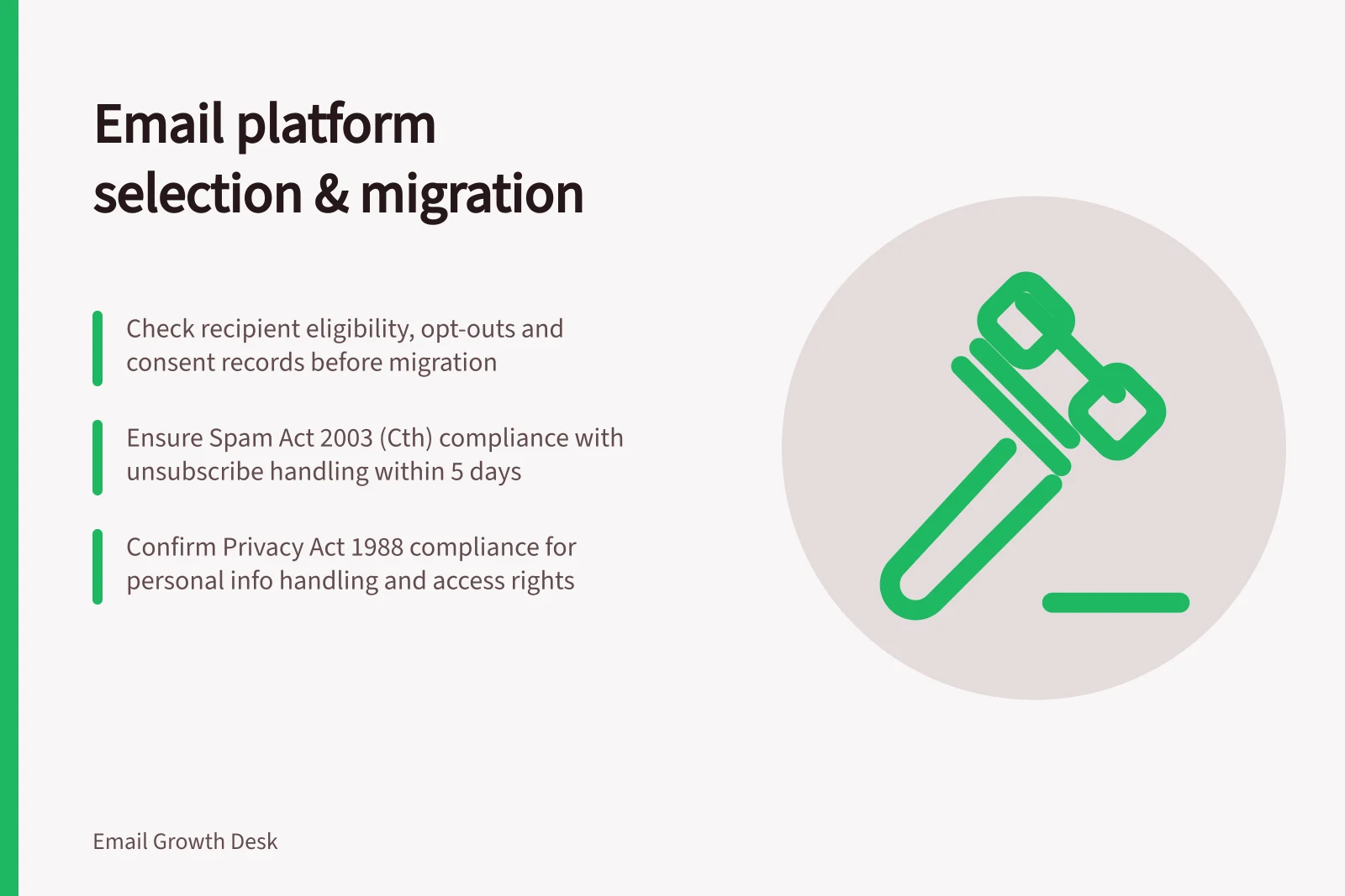 Email platform selection & migration: Check recipient eligibility, opt-outs and consent records before migration; Ensure Spam Act 2003 (Cth) compliance with unsubscribe handling within 5 days; Confirm Privacy Act 1988 compliance for personal info handling and access rights