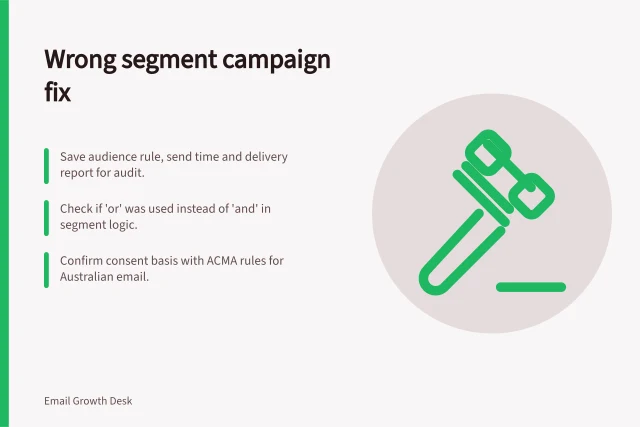 Wrong segment campaign fix: Save audience rule, send time and delivery report for audit.; Check if 'or' was used instead of 'and' in segment logic.; Confirm consent basis with ACMA rules for Australian email. Investigating a campaign sent to the wrong segment
