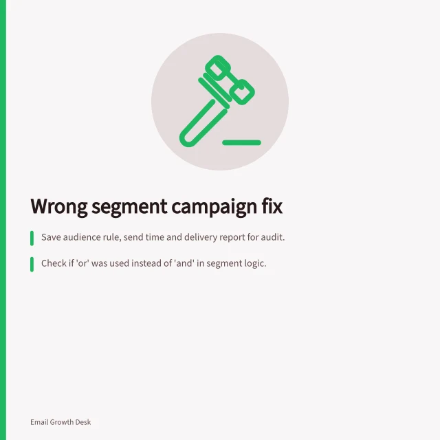 Wrong segment campaign fix: Save audience rule, send time and delivery report for audit.; Check if 'or' was used instead of 'and' in segment logic.; Confirm consent basis with ACMA rules for Australian email. Investigating a campaign sent to the wrong segment