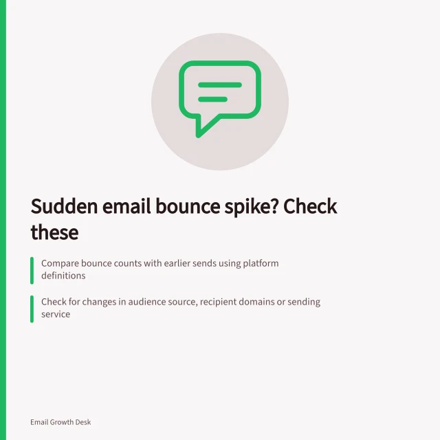Sudden email bounce spike? Check these: Compare bounce counts with earlier sends using platform definitions; Check for changes in audience source, recipient domains or sending service; Read full SMTP replies: 4xx = temporary, 5xx = permanent failure. Investigating a sudden rise in bounced emails