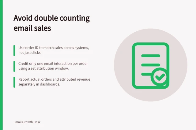 Avoid double counting email sales: Use order ID to match sales across systems, not just clicks.; Credit only one email interaction per order using a set attribution window.; Report actual orders and attributed revenue separately in dashboards. Measuring sales after an email without double counting