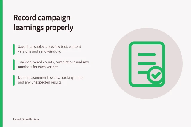 Record campaign learnings properly: Save final subject, preview text, content versions and send window.; Track delivered counts, completions and raw numbers for each variant.; Note measurement issues, tracking limits and any unexpected results. Recording campaign learnings beyond the winning variant