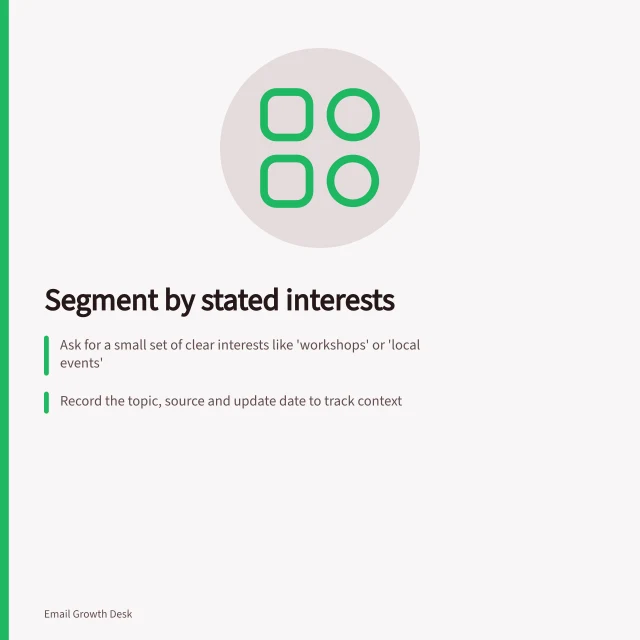 Segment by stated interests: Ask for a small set of clear interests like 'workshops' or 'local events'; Record the topic, source and update date to track context; Send distinct messages that answer specific questions for each interest group. Segmenting subscribers by stated interests