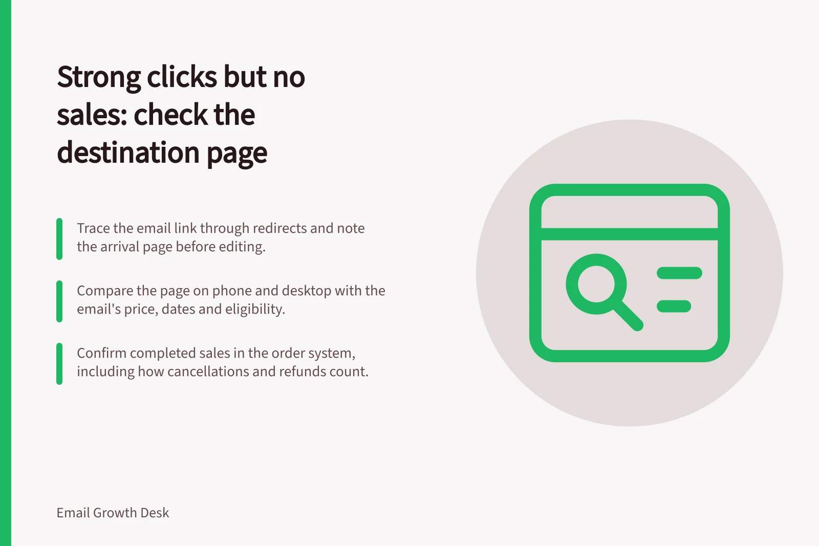 Strong clicks but no sales: check the destination page: Trace the email link through redirects and note the arrival page before editing.; Compare the page on phone and desktop with the email's price, dates and eligibility.; Confirm completed sales in the order system, including how cancellations and refunds count.