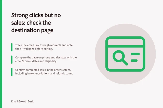 Strong clicks but no sales: check the destination page: Trace the email link through redirects and note the arrival page before editing.; Compare the page on phone and desktop with the email's price, dates and eligibility.; Confirm completed sales in the order system, including how cancellations and refunds count. Strong clicks but no sales: checking the destination page