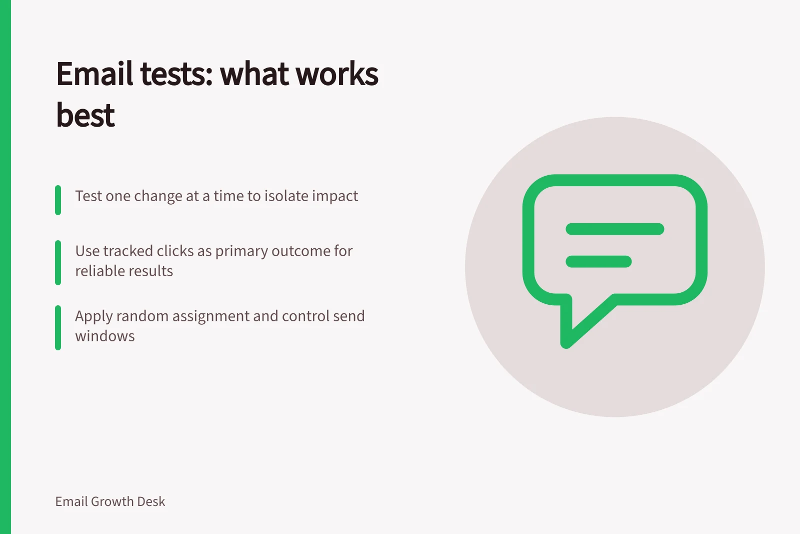 Email tests: what works best: Test one change at a time to isolate impact; Use tracked clicks as primary outcome for reliable results; Apply random assignment and control send windows