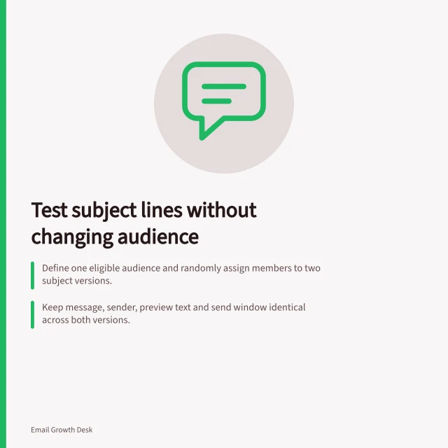 Test subject lines without changing audience: Define one eligible audience and randomly assign members to two subject versions.; Keep message, sender, preview text and send window identical across both versions.; Choose a primary outcome like unique clicks on the workshop link before sending. Testing a subject line without changing the audience