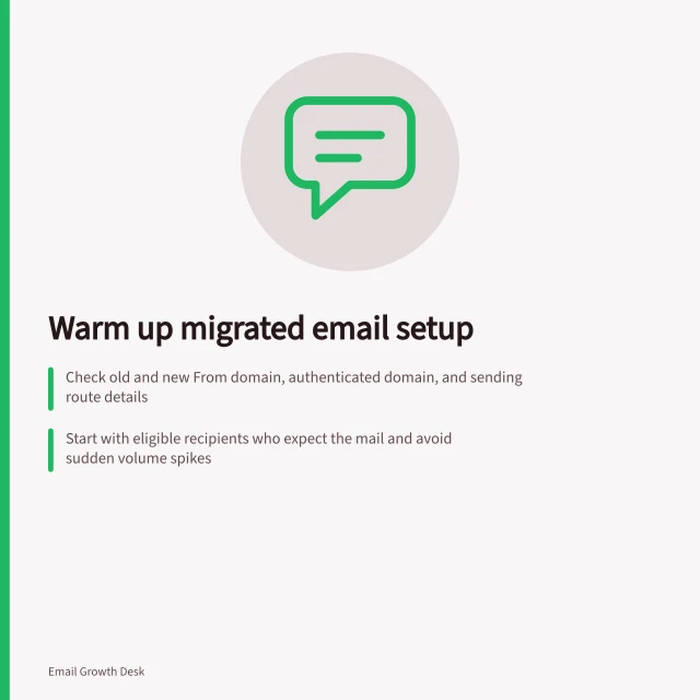 Warm up migrated email setup: Check old and new From domain, authenticated domain, and sending route details; Start with eligible recipients who expect the mail and avoid sudden volume spikes; Use Postmaster Tools for Gmail feedback and review bounces, deferrals and complaints. Warming a new sending setup after migration