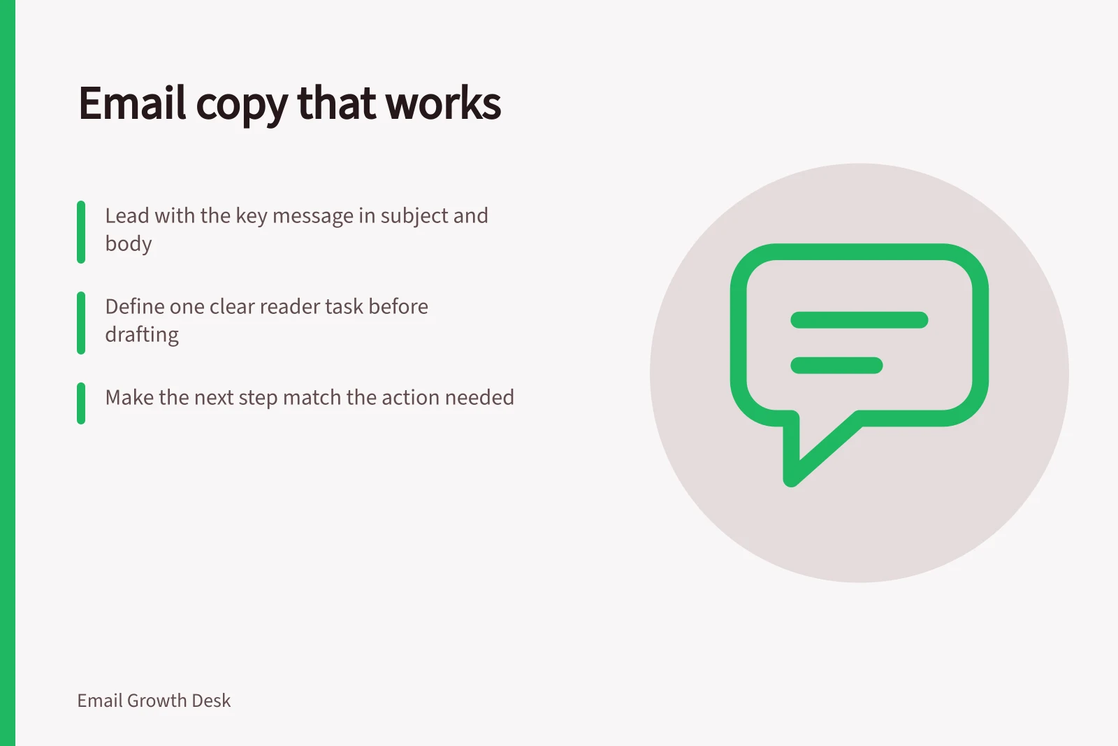 Email copy that works: Lead with the key message in subject and body; Define one clear reader task before drafting; Make the next step match the action needed